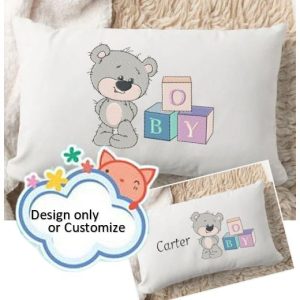 TEDDY BEAR WITH CUBES FOR BOY ♥ Design only or PERSONALIZE ♥ Crib Pillow, Embroidered Pillow