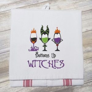 BOTTOMS UP WITCHES - Embroidered Halloween Tea Towel Kitchen Towel Dish Towel