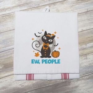 EW, PEOPLE BLACK CAT KITTEN HALLOWEEN - Embroidered Halloween Tea Towel Kitchen Towel Dish Towel