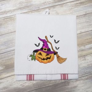HALLOWEEN PUMPKIN WITCH HAT AND BROOM - Embroidered Halloween Tea Towel Kitchen Towel Dish Towel