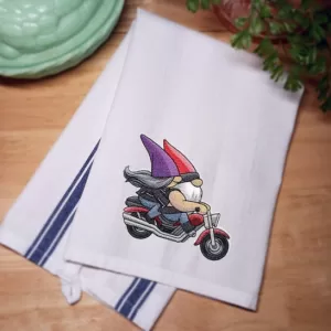 BORN TO RIDE MOTORCYCLE GNOME COUPLE - Embroidered Kitchen Towel