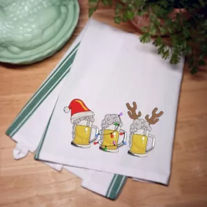THREE CHRISTMAS BEER GLASSES - Embroidered Kitchen Towel Dish Towel