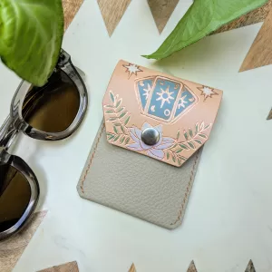 Handmade Leather Cardholder Snap Wallet with Mystical Lotus Tarot Hand Painted Art