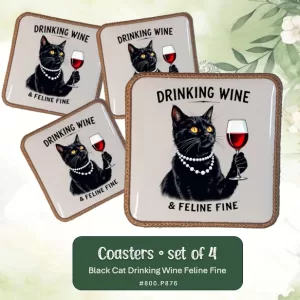 BLACK CAT DRINKING WINE - 4-coaster SET - Machine Embroidered border