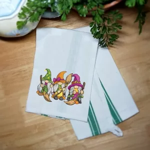 WITCHY HALLOWEEN GNOMES TRIO • Embroidered Kitchen Towel Dish Towel