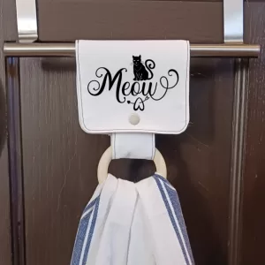 "ALL HUNG UP" MEOW Cat TOWEL HOLDER with 3" wood ring
