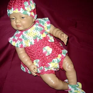 Baby dress set 0-3M crocheted in soft red and multi colours ready to ship