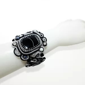 Handmade Soutache Bracelet with Onyx Agate Rhinestones Freshwater Pearls Black Cuff