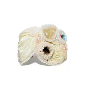 Handmade Bead-Embroidered Bracelet with Shibori Silk Citrine Rhinestones Pearls Ivory Cuff