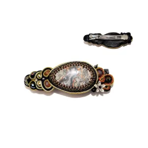 Handmade 4.5" Large Soutache Hair Barrette with Crazy Lace Agate - Bead-Embroidered Hairclip