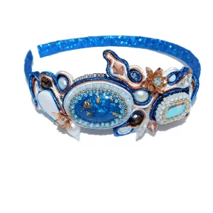 Bead-Embroidered Blue Soutache Headband with Rhinestones Pearls - Handmade Beadwork Hairband