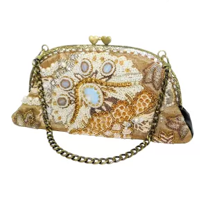 Handmade Bead-Embroidered Kiss-Lock Leather Clutch Purse with Agate Pearls on Chain Strap