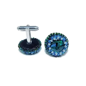 Handmade Bead-Embroidered Blue Paua Shell Cufflinks - Unisex Beadwork Bullet-Back Cuff Links