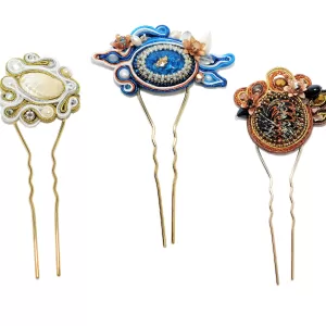 Pick a Style: Long Soutache Hair Comb with Pearls, Flowers - Blue Gold White Wedding Hairpin