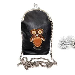 Handmade Leather Crossbody Shoulder Bag with Bead-Embroidered Aventurine Owl on Chain Strap