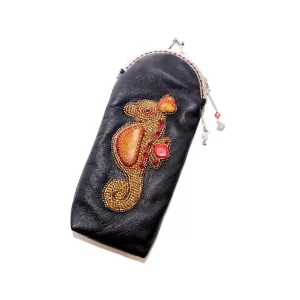 Handmade Leather Kiss-Lock Soft Eyeglasses Case with Bead-Embroidered Citrine Seahorse