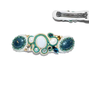 Large Soutache Hair Barrette with White Agate, Pearls, Rhinestones - Bead-Embroidered Hairclip