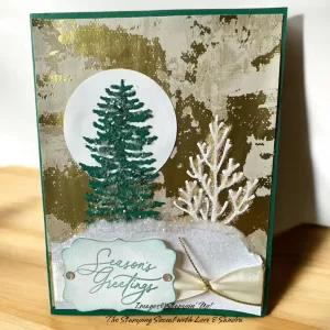 Elegant Christmas Card with Gold Foil Background and Glittery Snow Hills, SEASONS GREETINGS