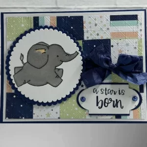 A Star Is Born Baby Boy Card - Cute Elephant Quilt Design - Welcome New Baby