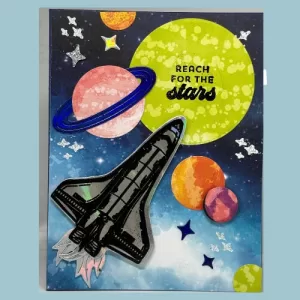 Reach for the stars greeting card, Spaceship card, Planets and Stars card