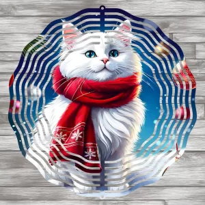 White Kitty Christmas Wind Spinner