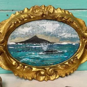 Whale Seascape Painting: Vintage Gold Florentine Frame, Coastal Wall Art By CastawaysHall