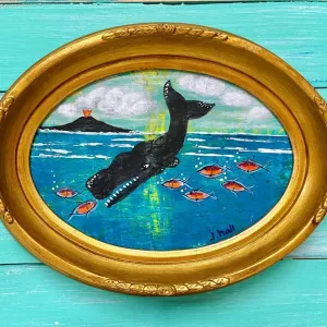 Original Whale Tail Folk Art Painting: Vintage Gold Frame Coastal Decor