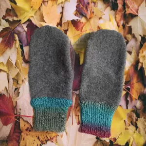 handmade grey repurposed wool sweater mittens, grey wool mittens, upcycled wool sweater mittens