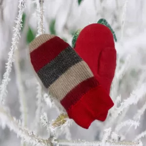 Handmade Repurposed Wool Sweater Mittens, Red and Gray, Large