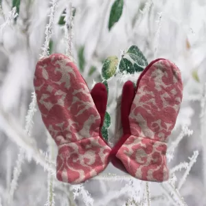 handmade pink and red repurposed merino wool and fleece line mittens, merino wool mittens, mittens