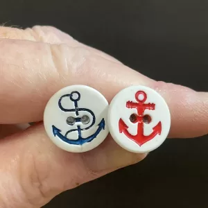 Handmade Upcycled Vintage Button Stud Earrings, Silver Posts, red and marine anchor button studs