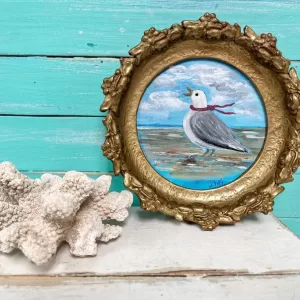 Small Original Seagull Painting In A Vintage Round Gold Frame By CastawaysHall, Coastal Folk Art