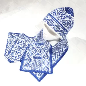 Blue and White set of three: a hat, a scarf, and mittens. HSM-1
