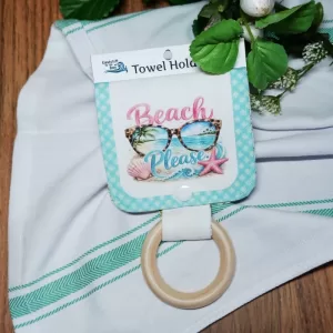 BEACH BUM⛱️Towel Holder Wood Ring Snap Closure for Kitchen, Cottage, Boat, Hand Towel