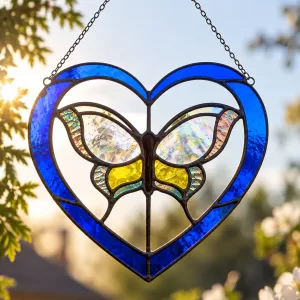 Stained Glass Butterfly Heart Suncatcher, Papillon Vitrail Tiffany